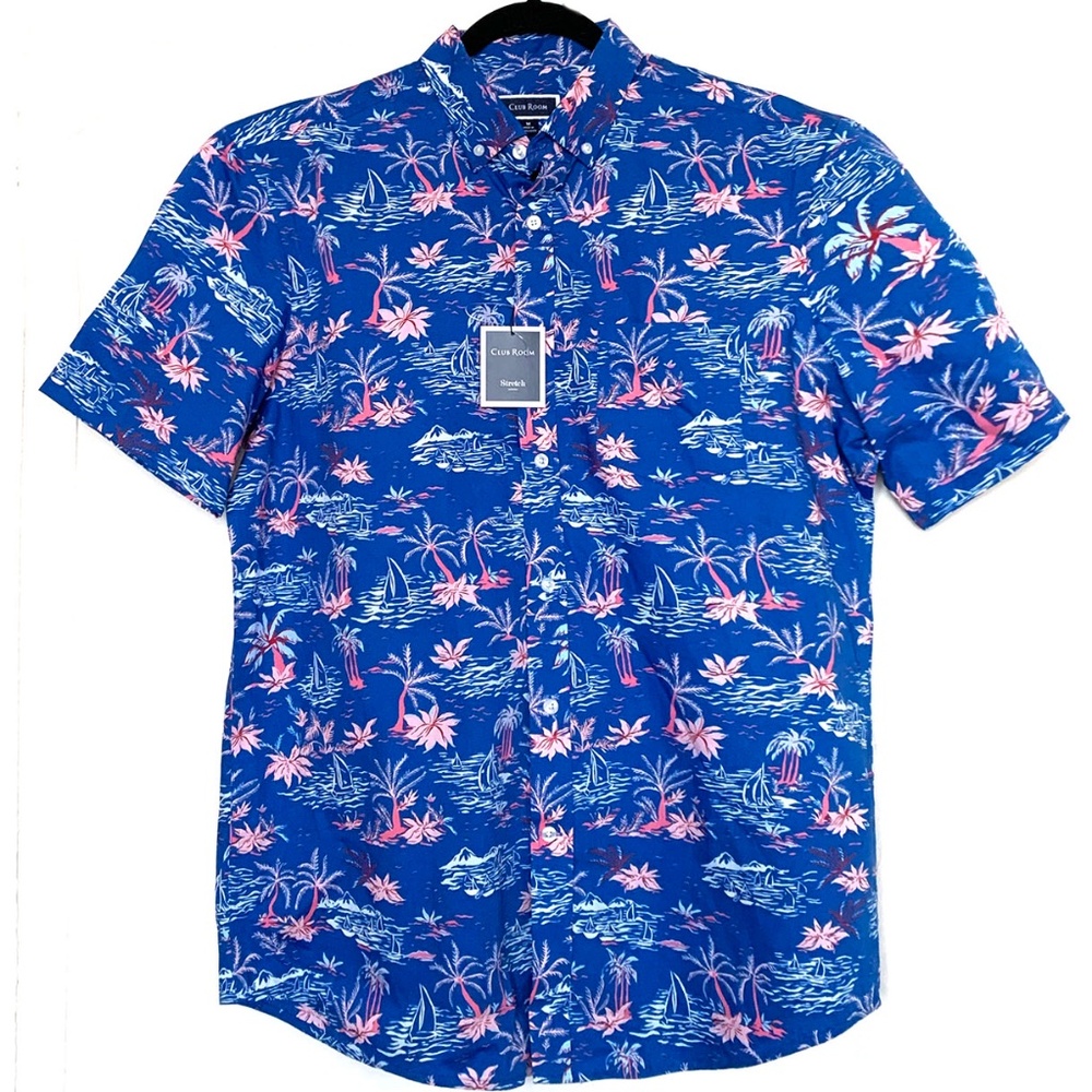 Club Room Classic-Fit Stretch Mens Button-Down Blue Hawaiian Print Shirt Size: M